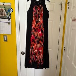 R & M Richards Dress Black/Orange/Red Abstract Print down the middle, Size 12